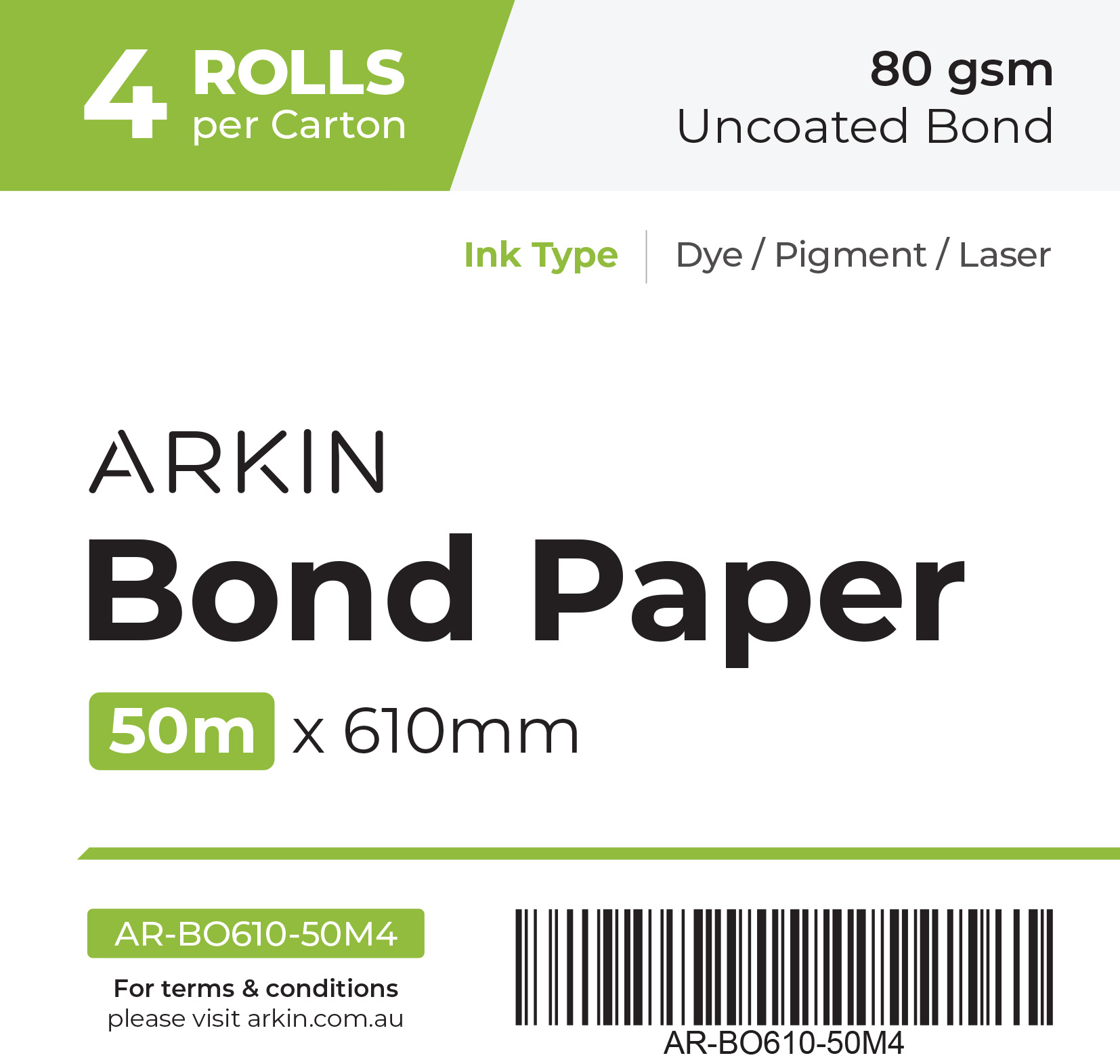 Bond Paper - 80 gsm - 610mm x 50m (4 Rolls)