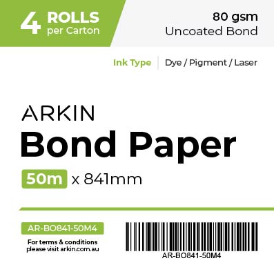 Bond Paper - 80 gsm - 841mm x 50m (4 Rolls)