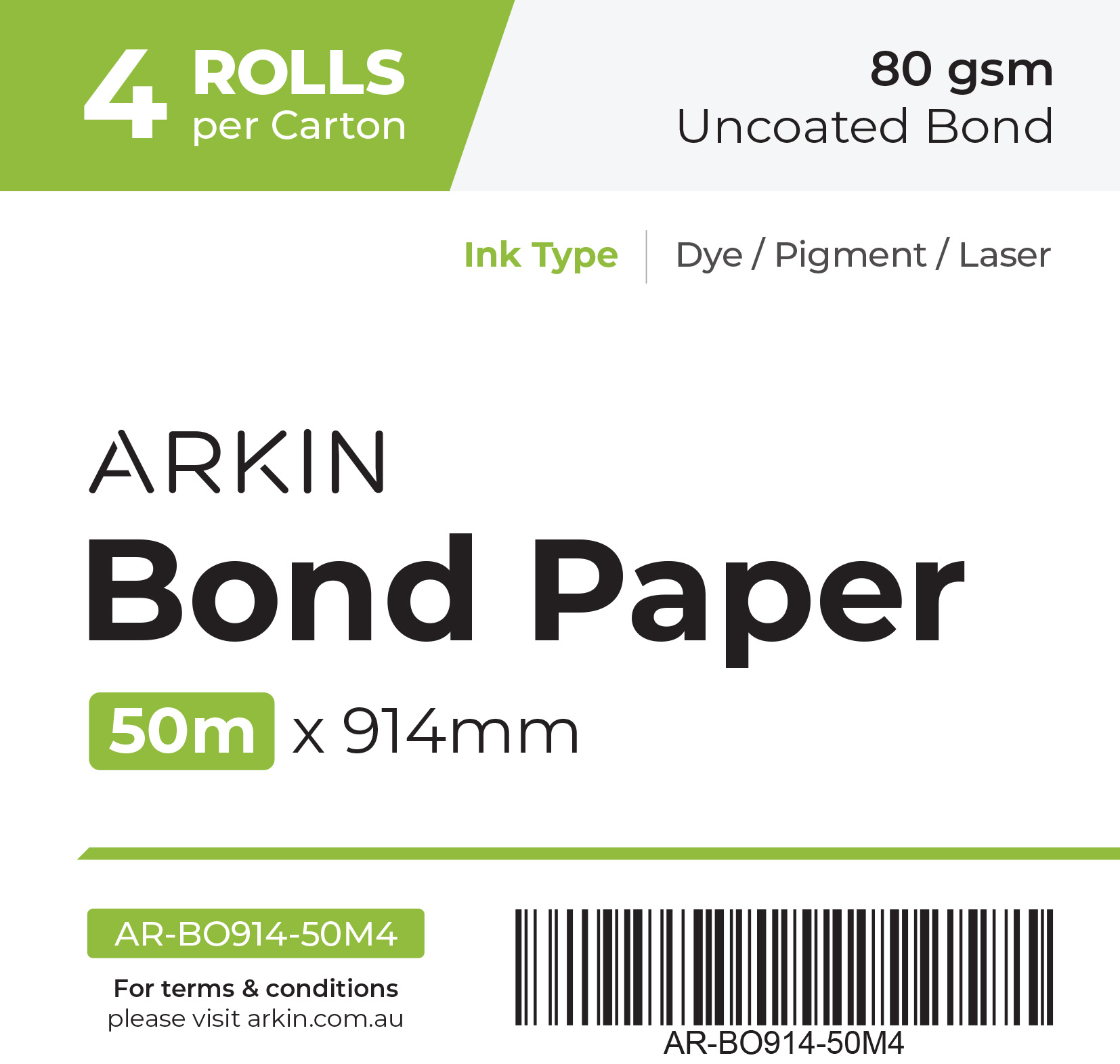 Bond Paper - 80 gsm - 914mm x 50m (4 Rolls)